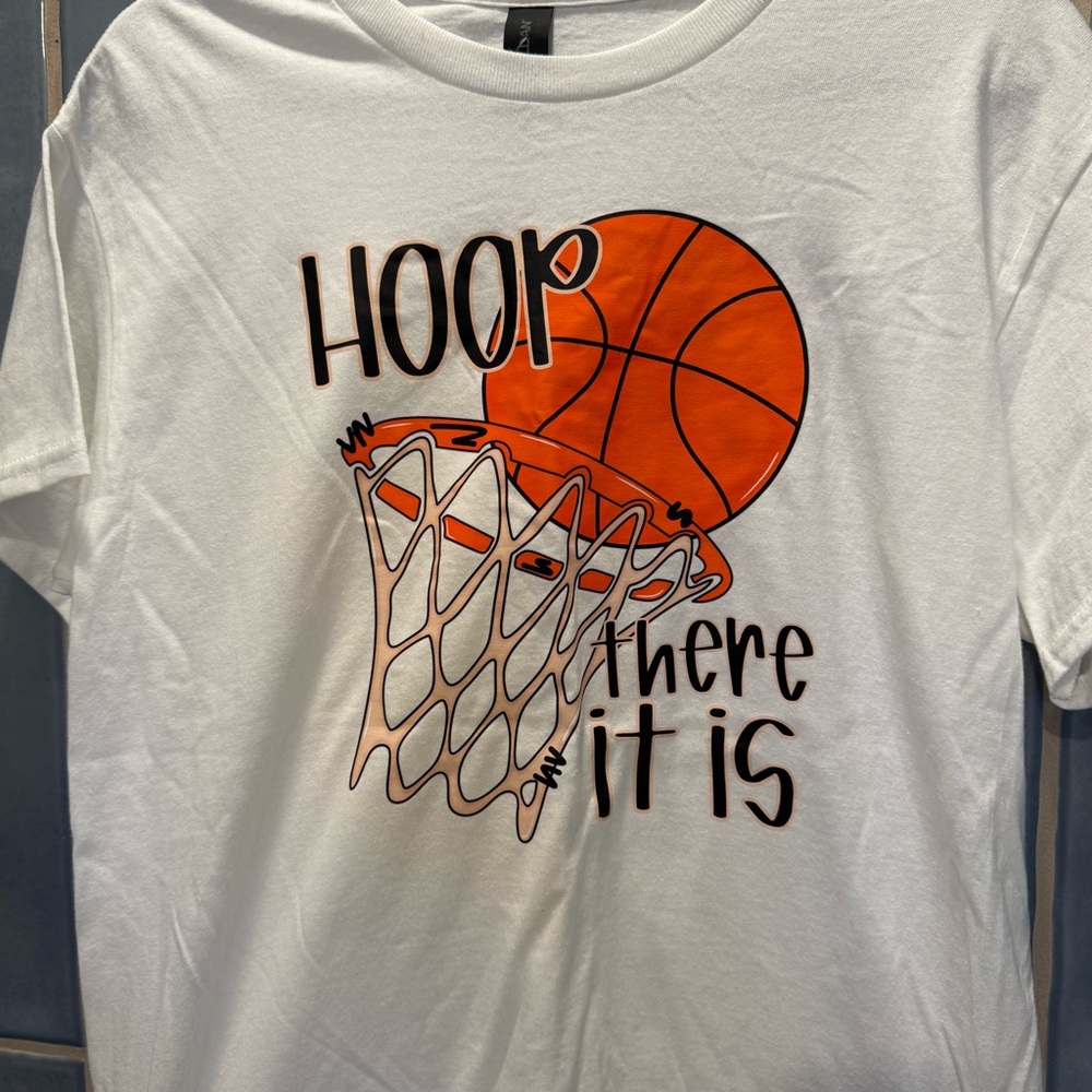 Gildan White Tee with Orange Basketball Graphic